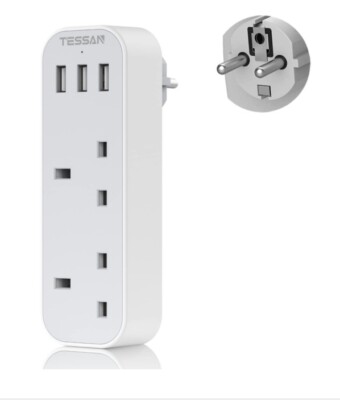 UK auf Europa Stecker Adapter mit 3 USB TESSAN geerdet Reisestecker Adapter