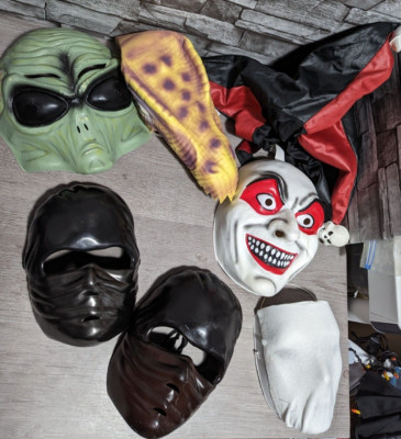 Halloween Mask & Hat Lot: Clown Ninja Alien Dinosaur Faceless Killer Jester