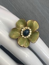 Chicos Green Enamel Blue Center Flower Rhinestone Adjustable Ring Gold Tone
