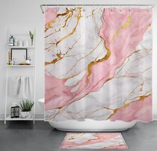 Retro Pink and Gold Abstract Grey Marble Shower Curtain Set for Bathroom Decor