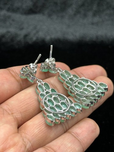 Unique Vintage Victorian Faceted Emerald Gemstone Sterling 92.5 Silver Earrings - Picture 5 of 6