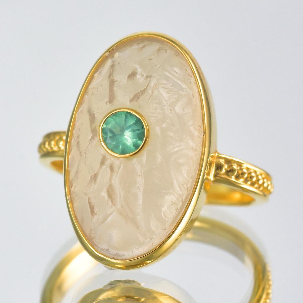 Anillo Talla 10 US Oro Vermeil Esterlina Calcedonia Blanca Apatita Loto 7.01 g