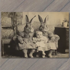 Art Print Surreal Bunnies Baby Holding Victorian Odd Fantasy Creepy Weird Rabbit