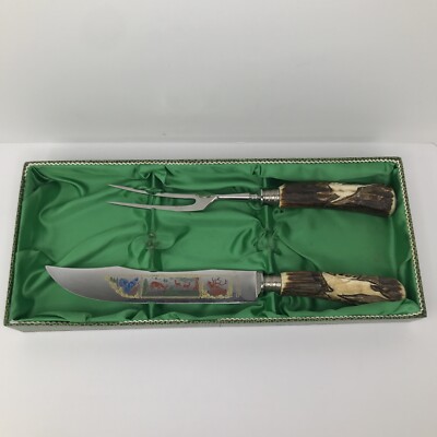 Vintage Walter Willms Antler Handle Carving 2 Set in Box Solingen Germany Knife