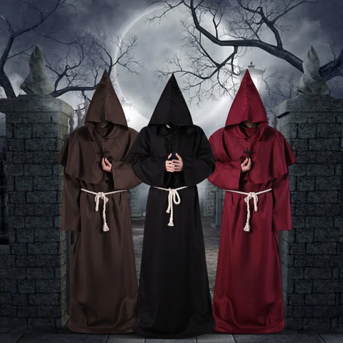 Adult Medieval Monk Friar Hooded Robe Cloak Wizard Priest Cosplay Stage Costume