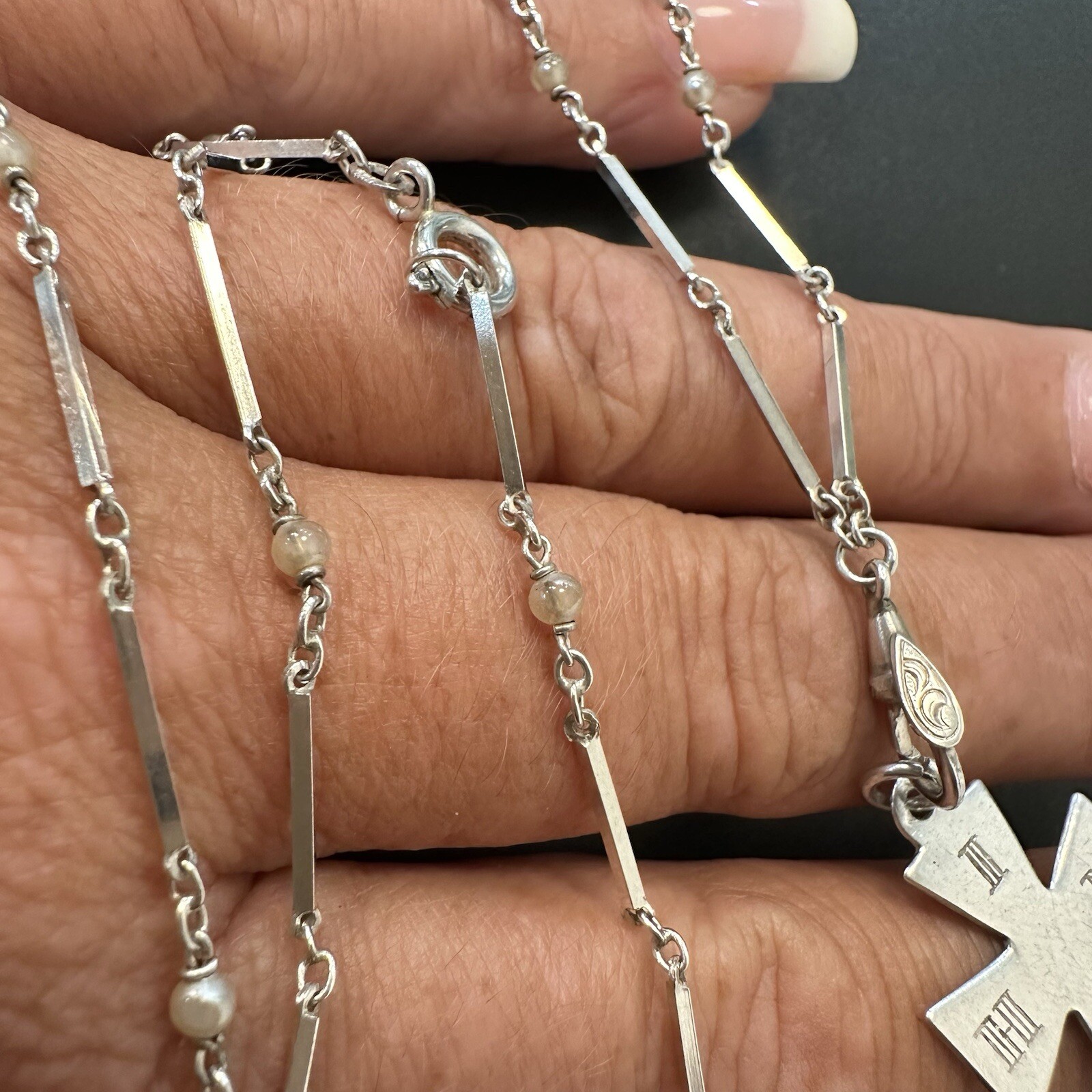 ANTIQUE ESTATE 800 SILVER CHATELAINE NECKLACE 27” w/ STERLING IHN CROSS PENDANT