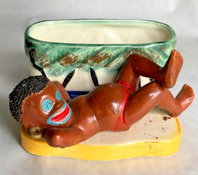 vintage primitive , hand painted planter Japan cannibal , tribal man