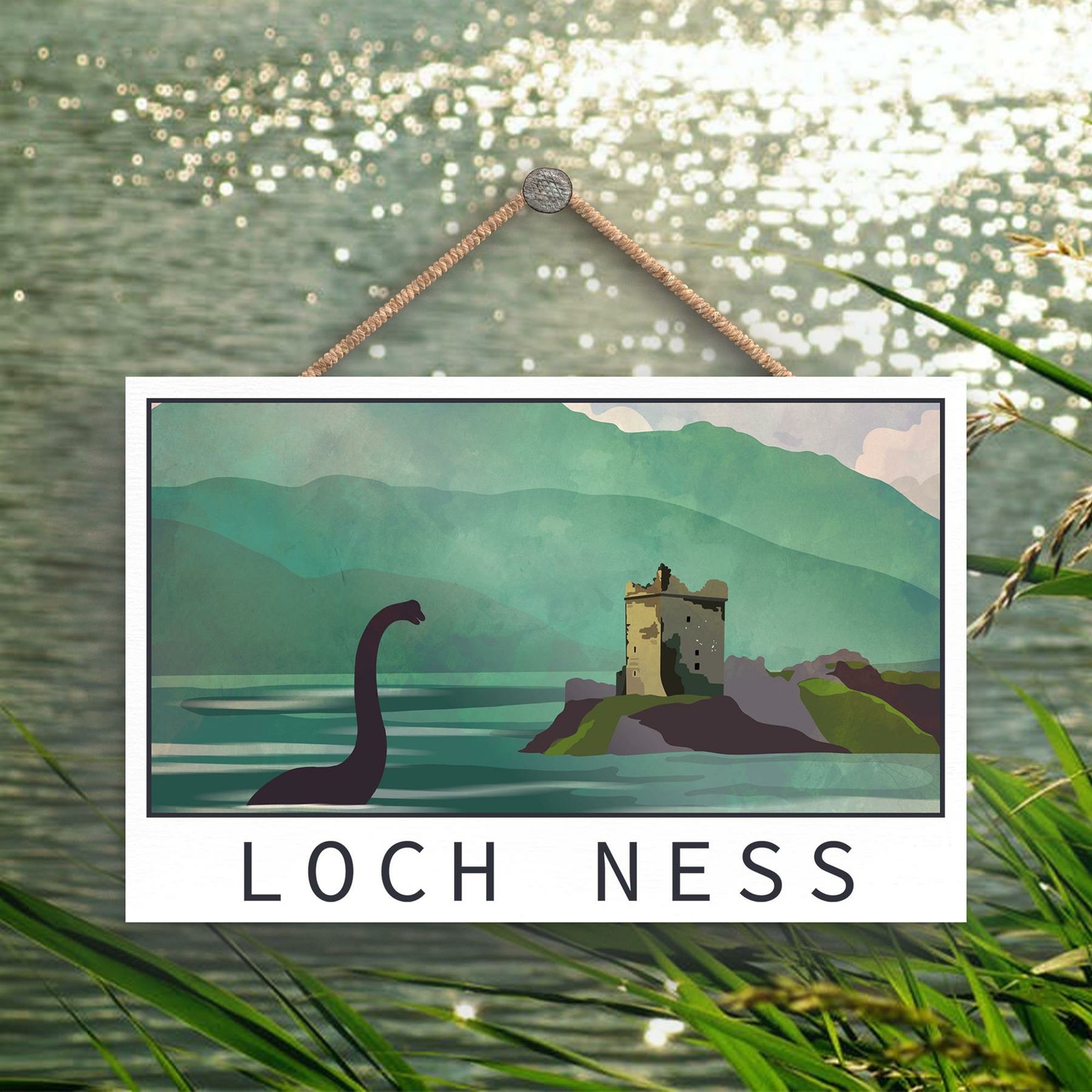 LOCH NESS NESSIE NIGHT SCOTLANDS LANDSCAPE ILLUSTRATION WOODEN PLAQUE