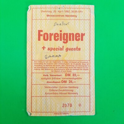 FOREIGNER + GAMMA Concert Ticket Stub 04/20/82 Messezentrum Nuremberg Germany