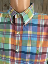 VTG Polo Ralph Lauren Short Sleeve Button Colorful Plaid Shirt Pony DRY CLEAN L