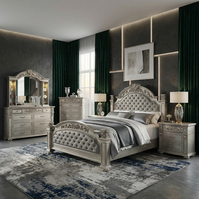 Luxury Platinum Queen Bedroom Set Gold Ornate Bed Dresser 4PC 5PC