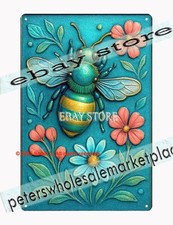 Bee Flower Metal Sign Raised Look Botanical Decor garden home wall items