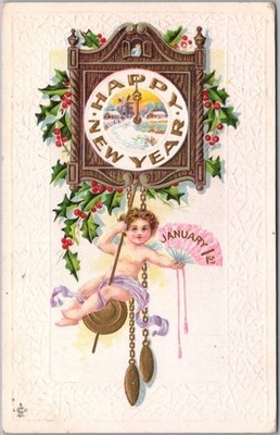 1912 HAPPY NEW YEAR Postcard Baby New Year Angel on Clock Pendulum STECHER 218F