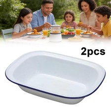 2 X Falcon Oblong Enamel Pie Dish Non Stick Oven Baking Dish White Blue Rim