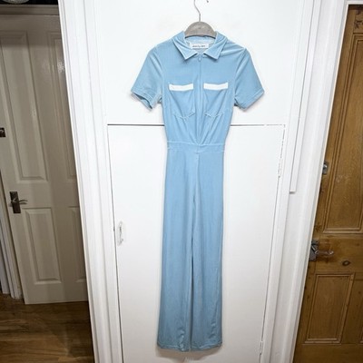 Peachy Den Kernel Jumpsuit Velvet Baby Blue Stretch Women s Size XS