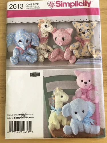 SIMPLICITY 2613 ELEPHANT, GIRAFFE, PIG, CAT STUFFED ANIMALS PATTERN