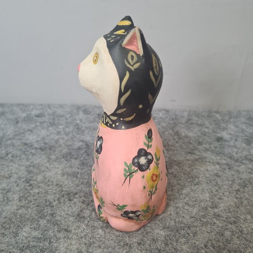 Estatuilla floral vintage pintada a mano arte madera gato gatito sentado decoración 16 cm - Imagen 2 de 6