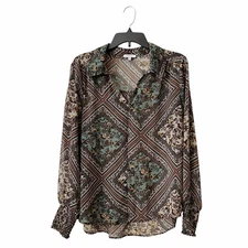 Pleione Top Women' Size L Floral Dusty Mint Patch Split Neck Smocked Long Sleeve