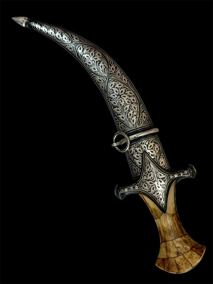 Cuchillo Mughal Indo Persa Plata Kofthgiri Trabajo Daga Damasco Hoja de Acero Foto 2 de 4