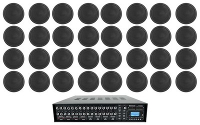 Rockville 4-Zone Multi Source Audio System w/ (32) 6'' 70v Black Ceiling Speakers