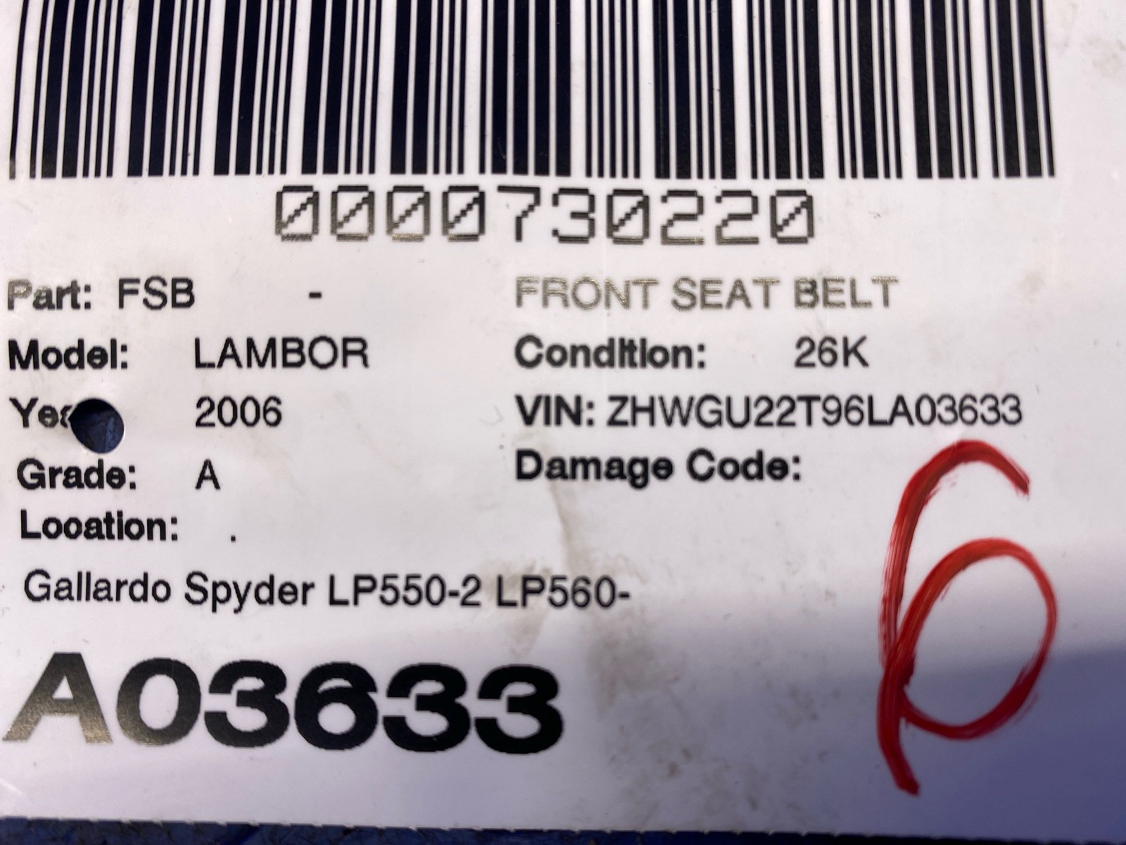 2006 - 2014 Lamborghini Gallardo LP520-4 Oem Front Right Seat Belt Retractor