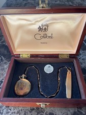 Mens Colibri Gold Plated Quartz Pocket Watch With Pocket Knife Wood Case