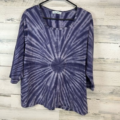 Ulla Popken Womens Plus 12/14 Purple Tie Dye Top Boho Short Sleeves Square Neck