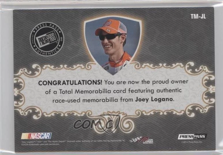 2012 Press Pass Total Memorabilia Single Swatch Gold /99 Joey Logano #TM-JL - Image 2 of 2