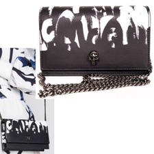 NEW $1290 ALEXANDER MCQUEEN Black WHITE GRAFFITI Leather SKULL Crossbody BAG NIB