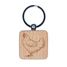 Watchful Hen Facing Left Chicken Engraved Wood Square Keychain Tag Charm
