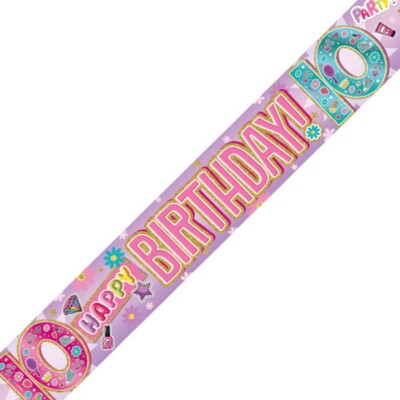 Happy 10th Birthday Girly Aufkleber holografische Folie Banner 2,7m wiederholt 3 mal