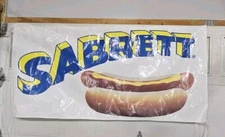 Sabrett Hot Dog Banner  Aproximateley 61" X 33" With Nylon String GENTLY USED