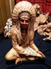 VINTAGE 1974 Byron Molds Native American Statue with Headdress and Peace Pipe 