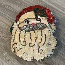 Santa Face Coin Purse Sequins Beads Small Lined Padded ZIP POUCH 2 Sided 4.25" H