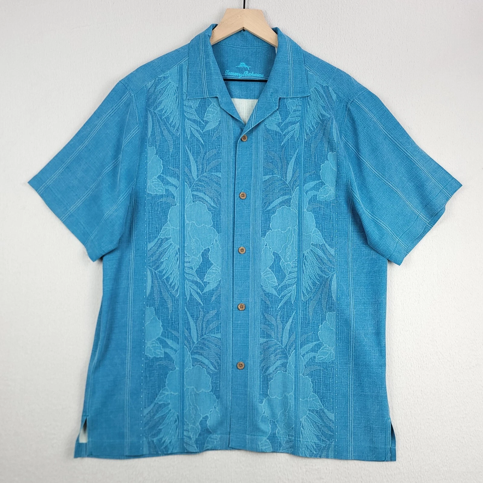 Tommy Bahama Shirt Mens Large Blue 100% Silk Button Up Tropical Floral Hawaiian