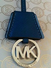 NEW MICHAEL KORS SILVER MK LOGO CHARM / STEEL BLUE SAFFIANO LEATHER HANDBAG FOB