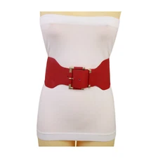 Women True Real Red Elastic Wide Fashion Belt Hip Waist Gold Square Buckle S M