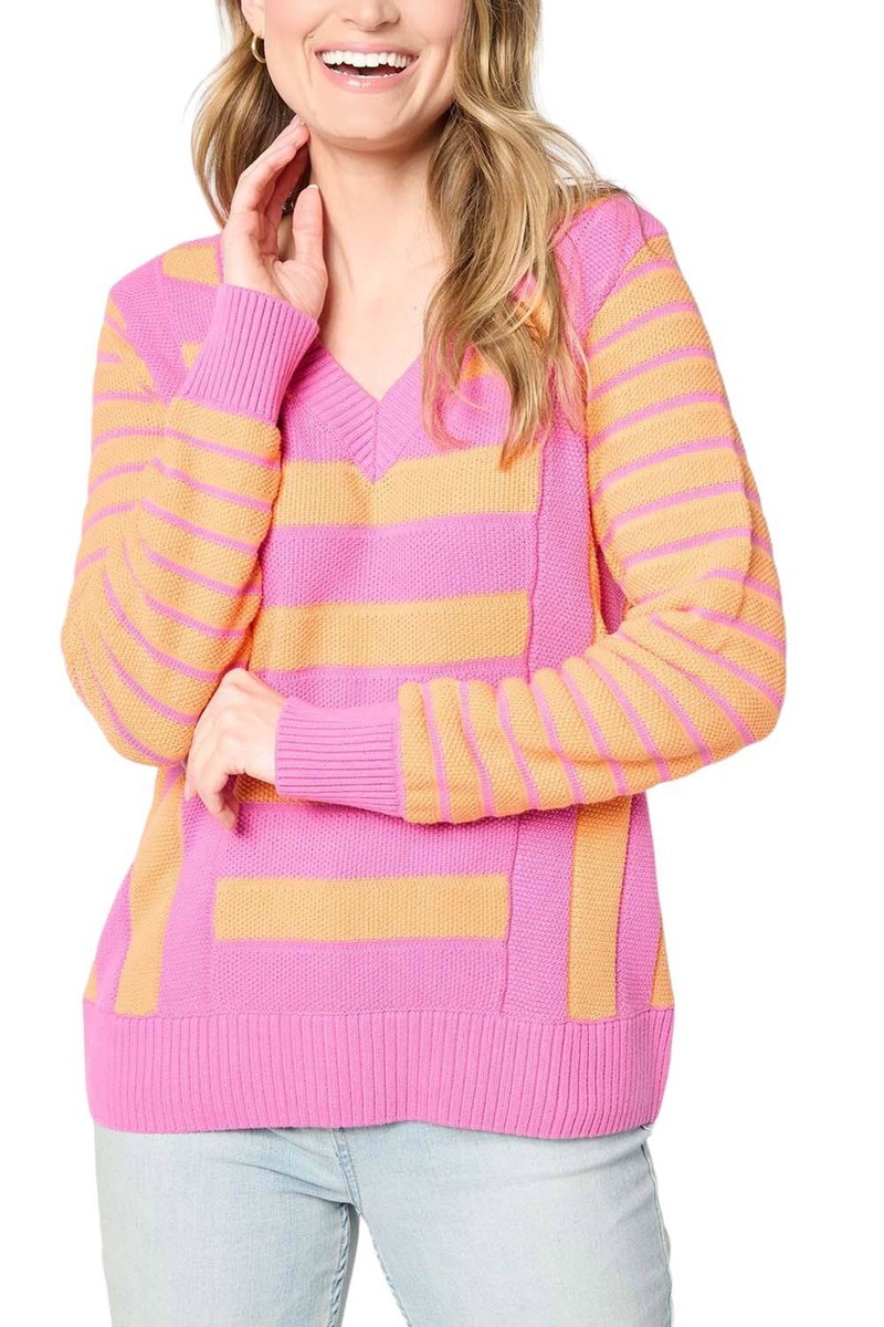2個セット Sport Savvy Mixed Stripe V-Neck Cotton Sweater AzaleaPinkCombo | eBay