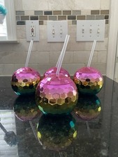 Set of 4 Disco Ball Tumblers w/ Lids Straws Mirrored Party Drink Cups