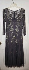 Oleg Cassini 3/4 Sleeve Beaded Gown Godets Sequins Charcoal 10 Mother Of Bride