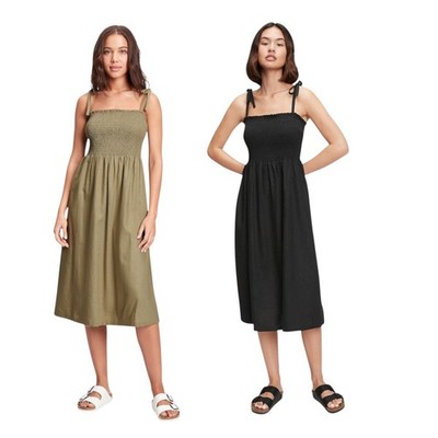 Gap Women's Shoulder-Tie Smocked Midi Dress - Olive Moss, True Black - Pick Size