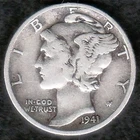 1941D War Time VF Mercury Silver Dime, KM 140