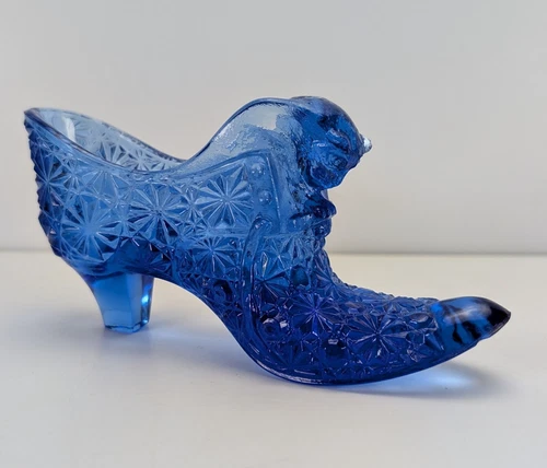Vintage Fenton Blue Opalescent Glass Shoe Daisy Button Cat Head Slipper