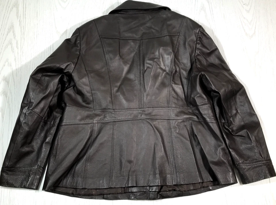 East 5th 皮革夹克女式 2X 棕色纽扣内衬领口袋骑手 — 第 2/4 张图片