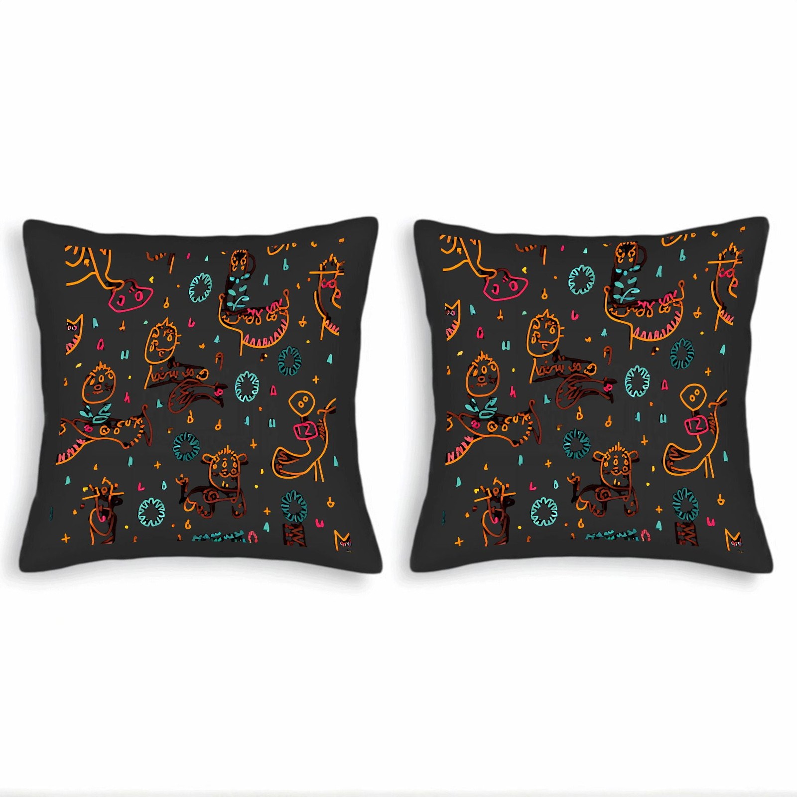 Set of 2 18x18in Throw Pillow Covers - Whimsical Creatures & Colorful Patterns 