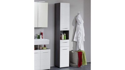 Bad Hochschrank Line Badezimmer Schrank weiß Hochglanz und rauchsilber Melamin