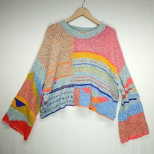 Francescas Sweater Medium Multicolor Patchwork Cropped Boho Boxy Oversize