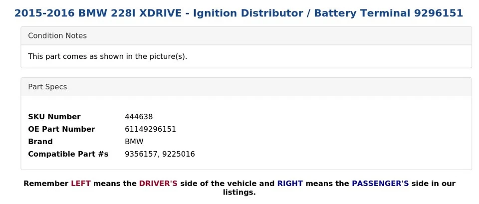 2015-2016 BMW 228I XDRIVE - Ignition Distributor / Battery Terminal 9296151 - Image 4 of 4