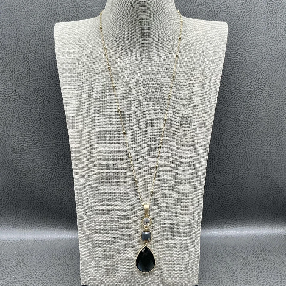 Lia Sophia Gold Tone Beaded Station Necklace Faceted Glass Drop Pendant - Image 2 of 4