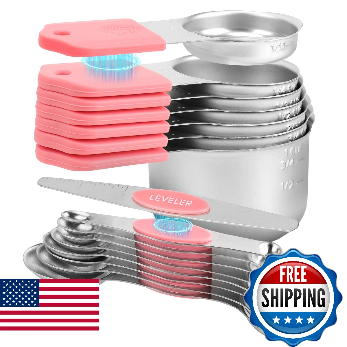 16-Piece Stainless Steel Measuring Cups and Spoons Set, Strong Magnetic Nesting